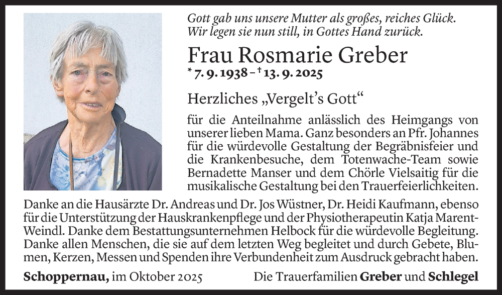  Todesanzeige für Rosmarie Greber vom 21.10.2025 aus Vorarlberger Nachrichten