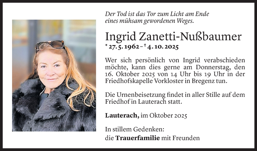  Todesanzeige für Ingrid Zanetti-Nußbaumer vom 13.10.2025 aus Vorarlberger Nachrichten