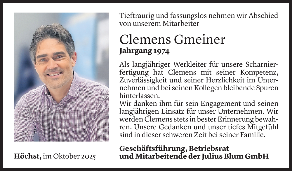  Todesanzeige für Clemens Gmeiner vom 07.10.2025 aus Vorarlberger Nachrichten