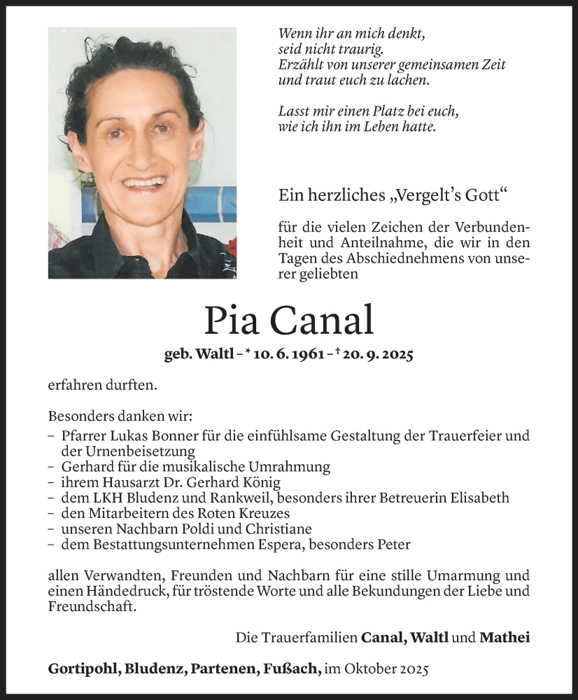  Todesanzeige für Pia Canal vom 02.10.2025 aus Vorarlberger Nachrichten