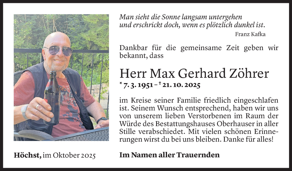  Todesanzeige für Max Gerhard Zöhrer vom 31.10.2025 aus Vorarlberger Nachrichten