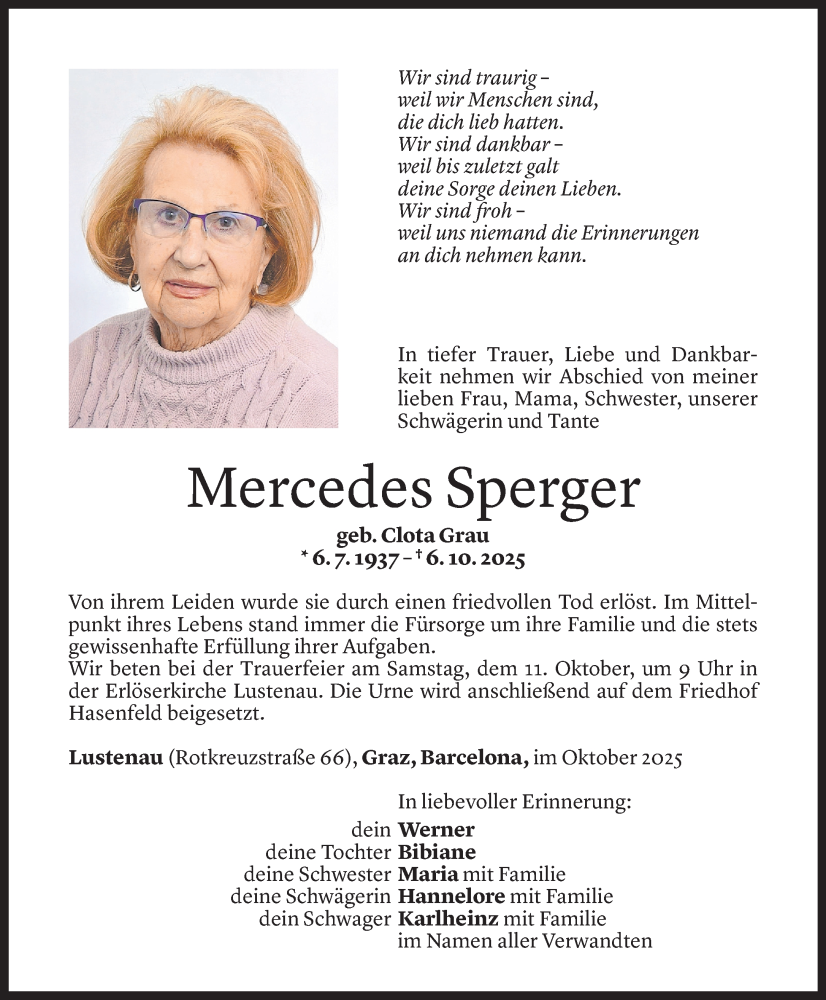  Todesanzeige für Mercedes Sperger vom 07.10.2025 aus Vorarlberger Nachrichten