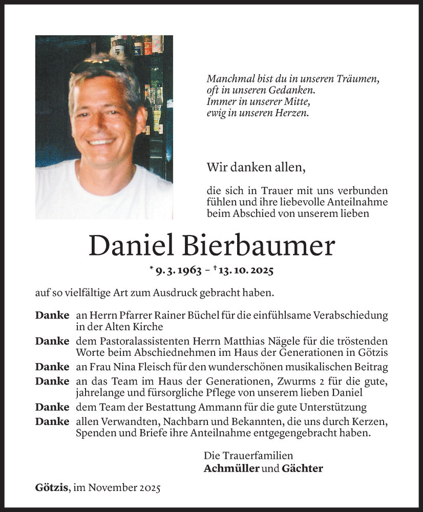  Todesanzeige für Daniel Bierbaumer vom 04.11.2025 aus Vorarlberger Nachrichten