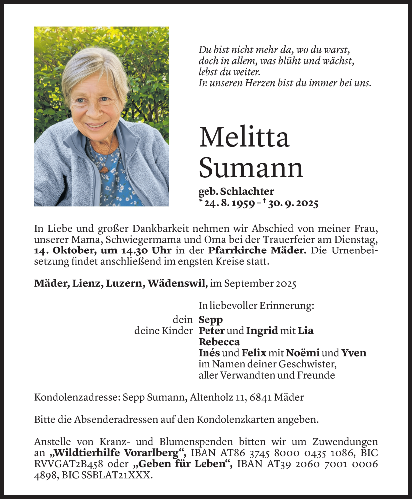  Todesanzeige für Melitta Sumann vom 10.10.2025 aus Vorarlberger Nachrichten