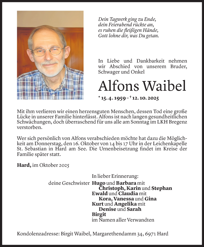  Todesanzeige für Alfons Waibel vom 14.10.2025 aus Vorarlberger Nachrichten