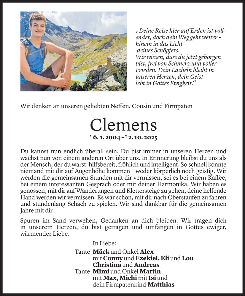  Todesanzeige für Clemens Jakob Flatschacher vom 07.10.2025 aus Vorarlberger Nachrichten