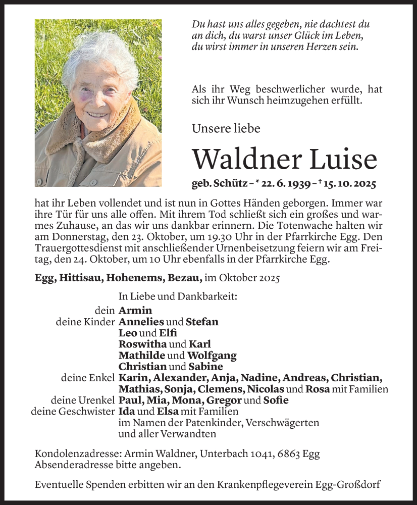  Todesanzeige für Luise Waldner vom 20.10.2025 aus Vorarlberger Nachrichten
