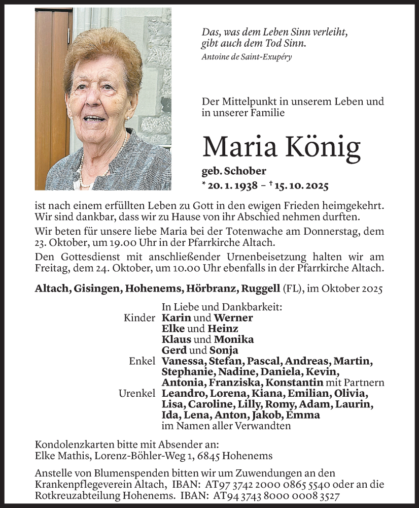  Todesanzeige für Maria König vom 20.10.2025 aus VN