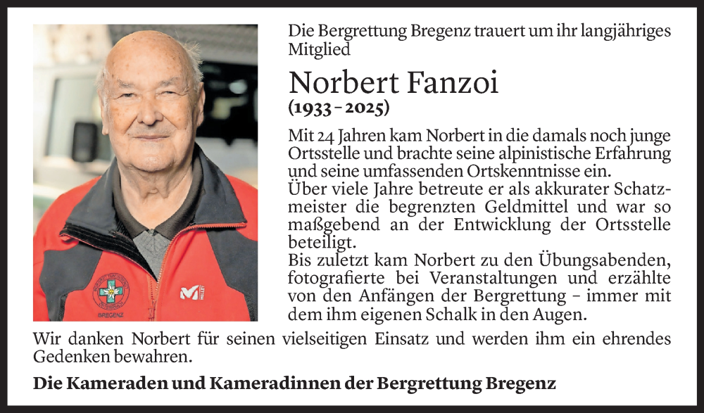  Todesanzeige für Norbert Fanzoi vom 17.10.2025 aus Vorarlberger Nachrichten