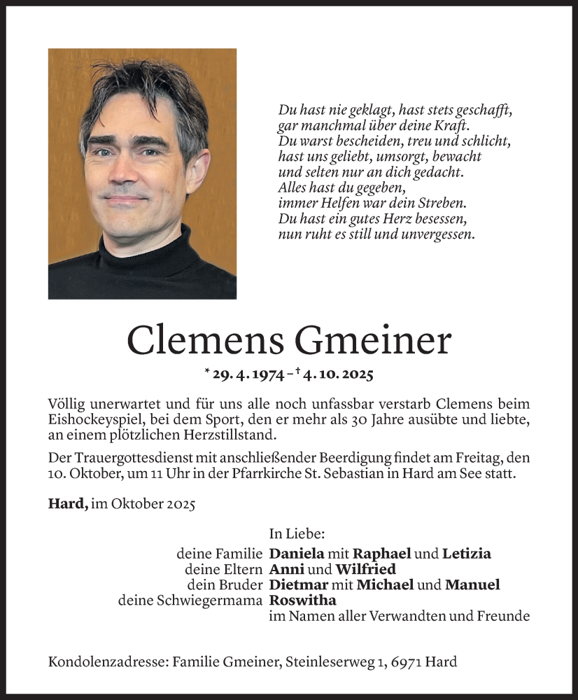  Todesanzeige für Clemens Gmeiner vom 07.10.2025 aus Vorarlberger Nachrichten