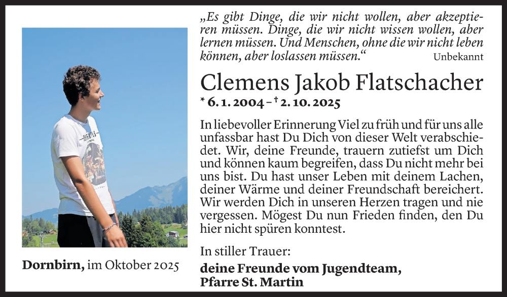  Todesanzeige für Clemens Jakob Flatschacher vom 07.10.2025 aus Vorarlberger Nachrichten