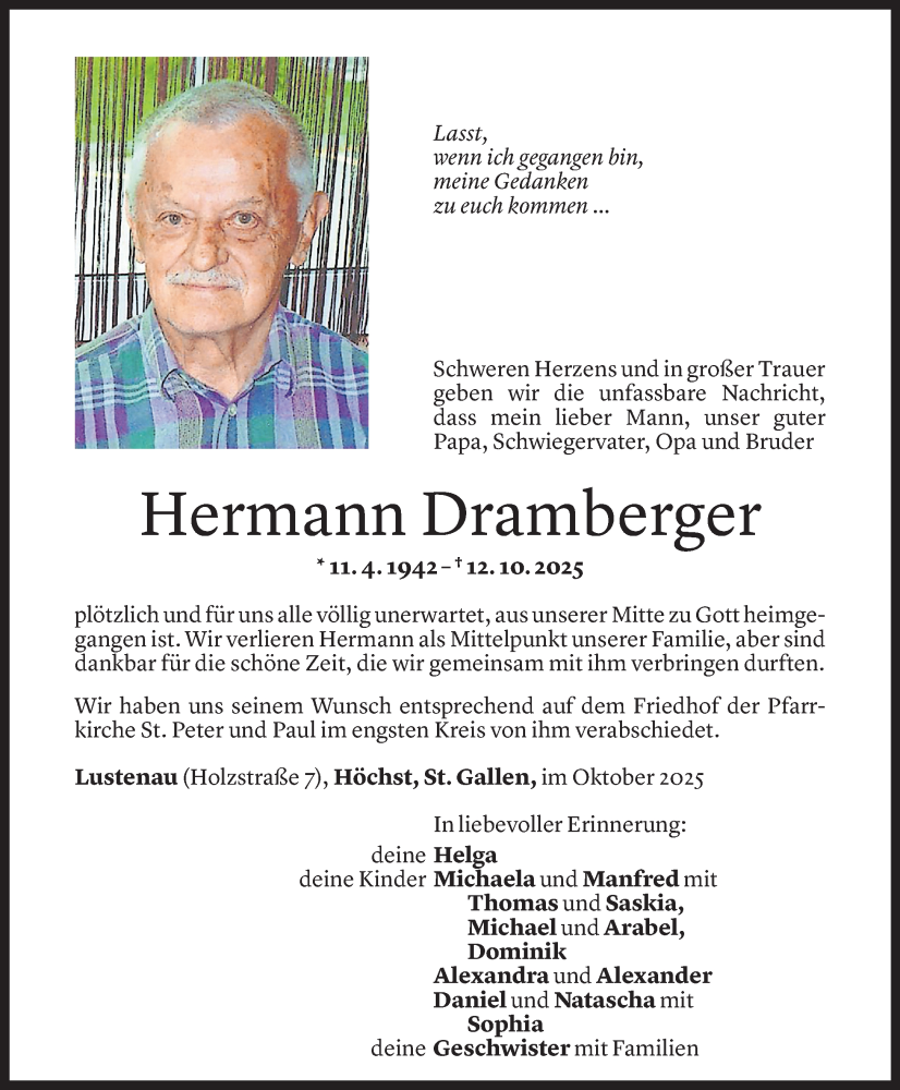  Todesanzeige für Hermann Dramberger vom 20.10.2025 aus Vorarlberger Nachrichten