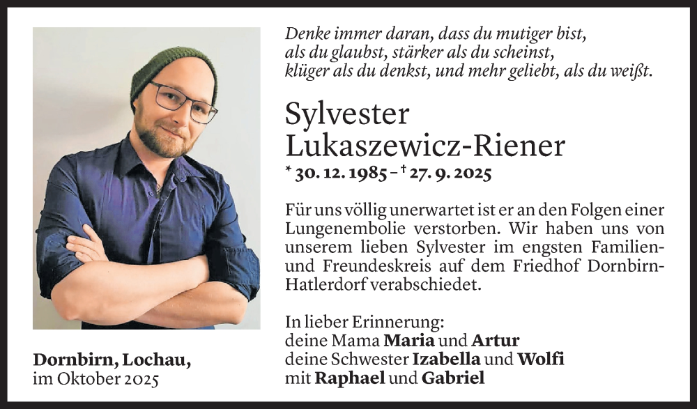  Todesanzeige für Sylvester Lukaszewicz-Riener vom 11.10.2025 aus Vorarlberger Nachrichten