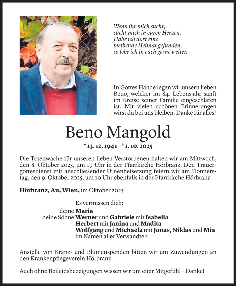  Todesanzeige für Beno Mangold vom 06.10.2025 aus Vorarlberger Nachrichten