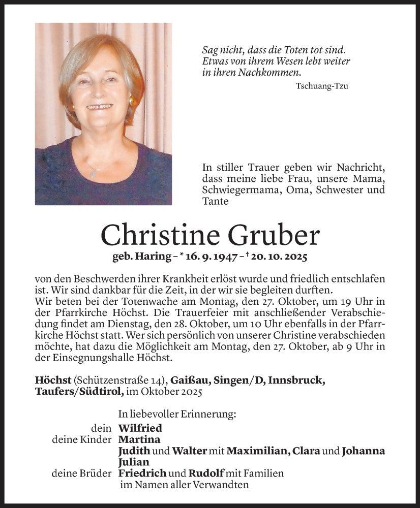  Todesanzeige für Christine Gruber vom 23.10.2025 aus Vorarlberger Nachrichten