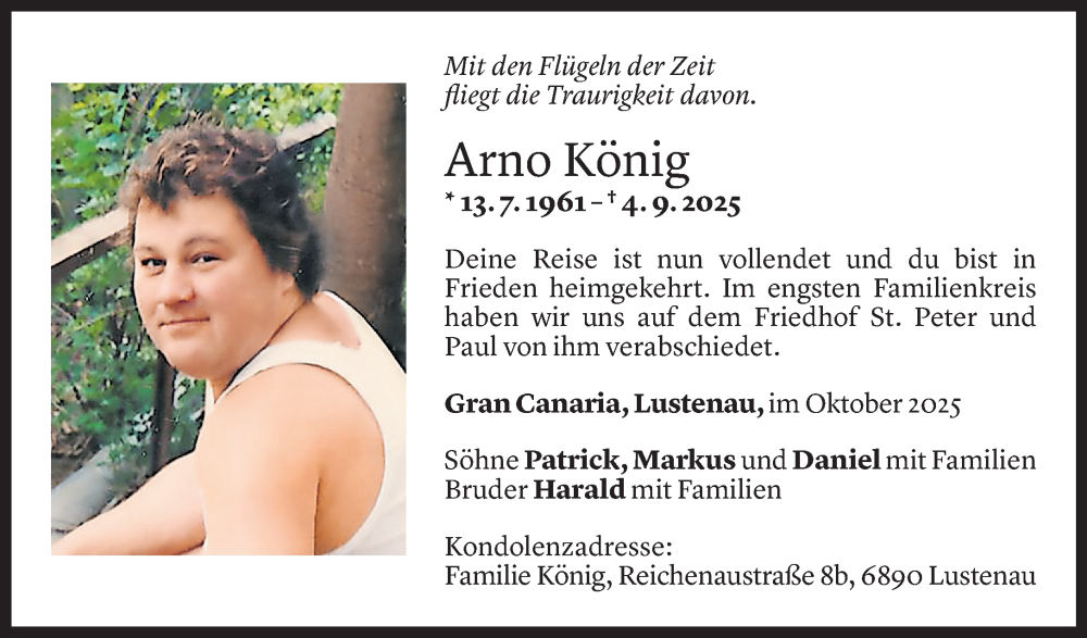  Todesanzeige für Arno König vom 11.10.2025 aus Vorarlberger Nachrichten