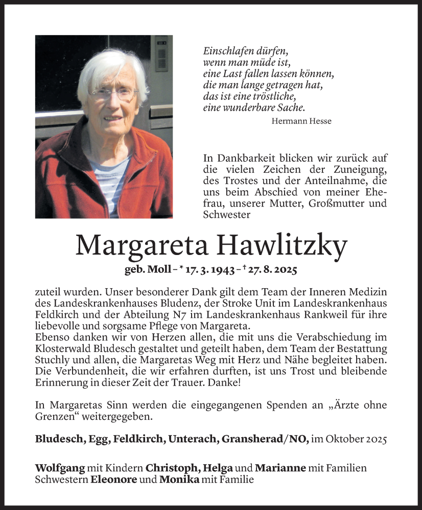  Todesanzeige für Margareta Hawlitzky vom 11.10.2025 aus Vorarlberger Nachrichten