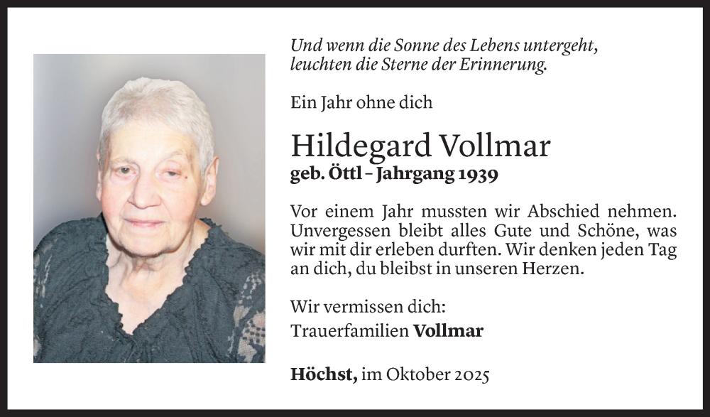  Todesanzeige für Hildegard Vollmar vom 11.10.2025 aus Vorarlberger Nachrichten