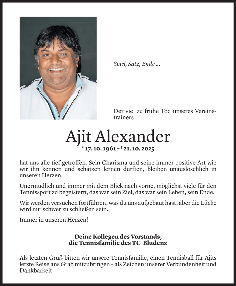  Todesanzeige für Ajit Alexander vom 24.10.2025 aus Vorarlberger Nachrichten