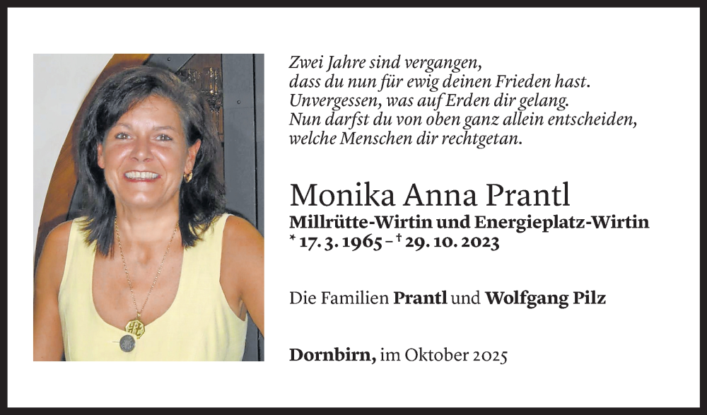  Todesanzeige für Monika Anna Prantl vom 29.10.2025 aus Vorarlberger Nachrichten