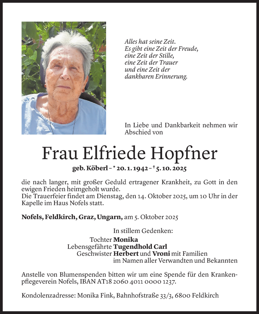  Todesanzeige für Elfriede Hopfner vom 08.10.2025 aus Vorarlberger Nachrichten
