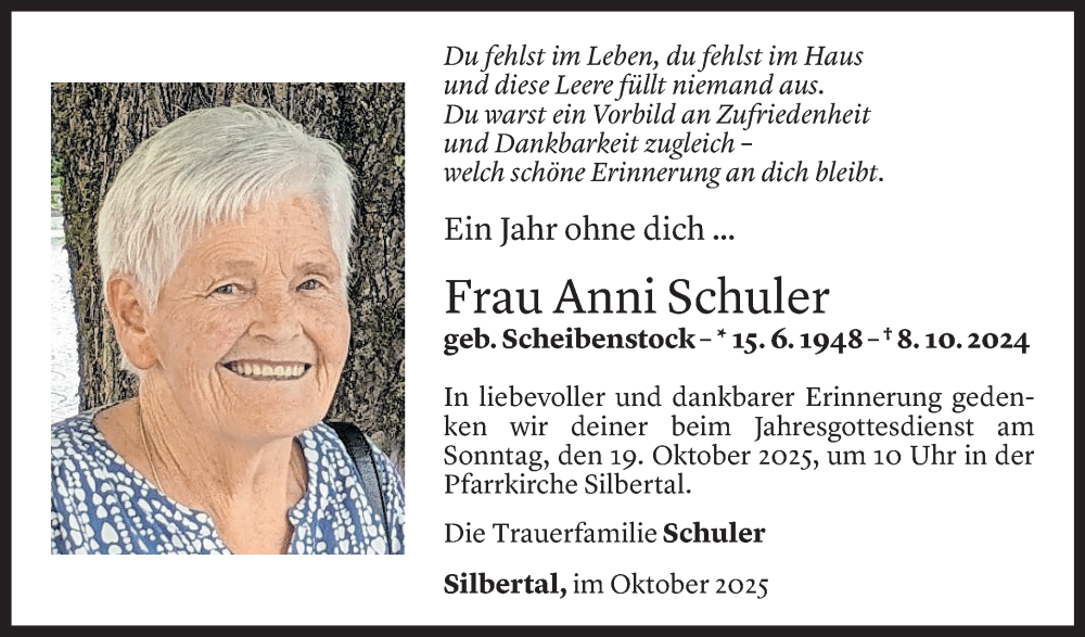  Todesanzeige für Anni Schuler vom 07.10.2025 aus Vorarlberger Nachrichten