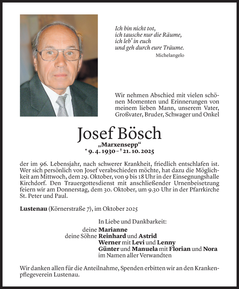  Todesanzeige für Josef Bösch vom 24.10.2025 aus Vorarlberger Nachrichten