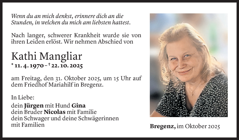  Todesanzeige für Kathi Mangliar vom 27.10.2025 aus Vorarlberger Nachrichten