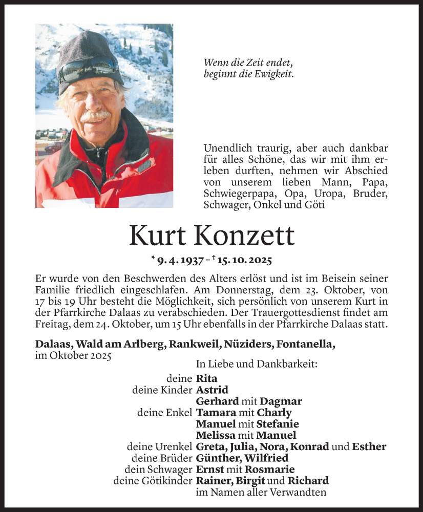  Todesanzeige für Kurt Konzett vom 19.10.2025 aus Vorarlberger Nachrichten