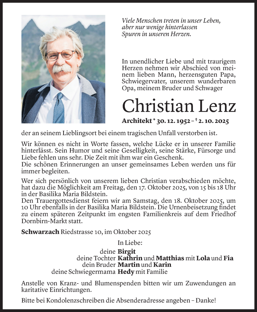  Todesanzeige für Christian Lenz vom 14.10.2025 aus Vorarlberger Nachrichten