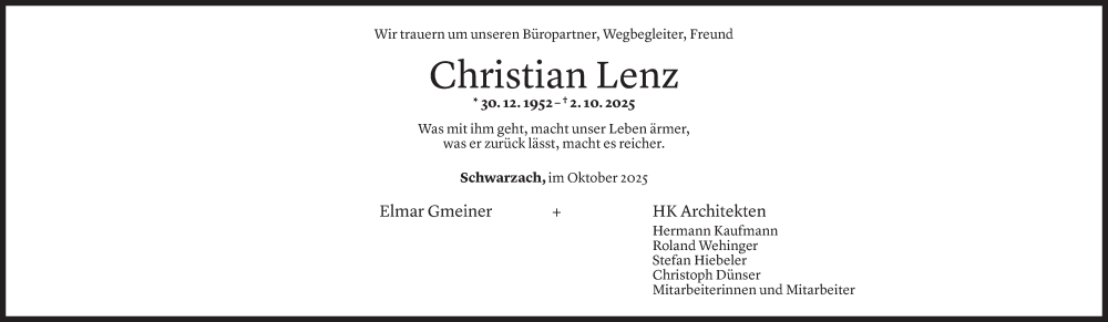  Todesanzeige für Christian Lenz vom 14.10.2025 aus Vorarlberger Nachrichten