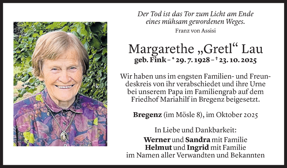  Todesanzeige für Margarethe Lau vom 07.11.2025 aus Vorarlberger Nachrichten