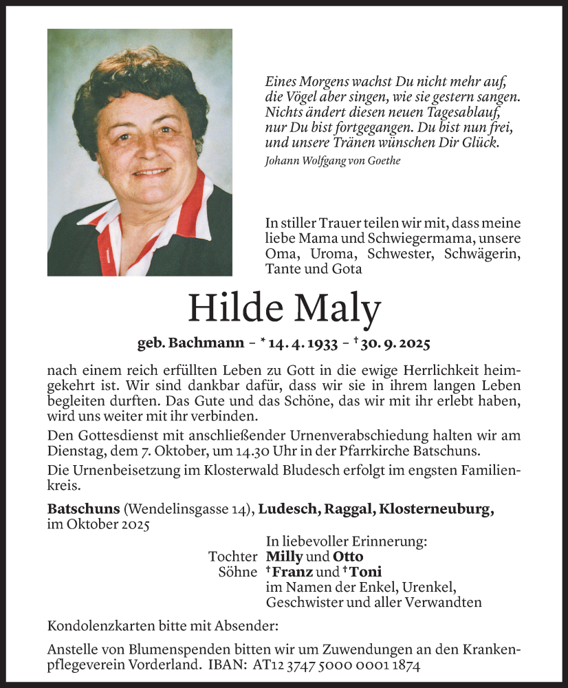  Todesanzeige für Hilde Maly vom 01.10.2025 aus Vorarlberger Nachrichten