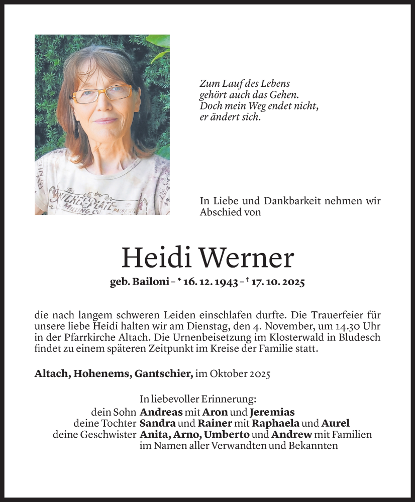  Todesanzeige für Heidi Werner vom 28.10.2025 aus Vorarlberger Nachrichten