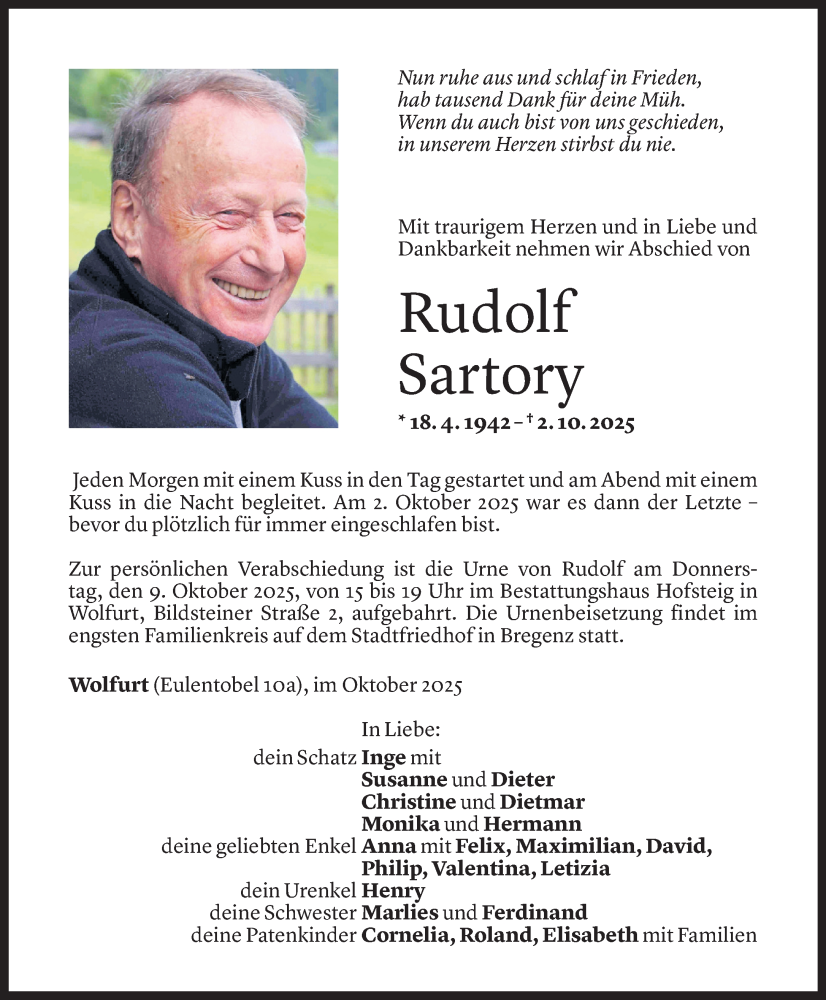  Todesanzeige für Rudolf Sartory vom 07.10.2025 aus Vorarlberger Nachrichten