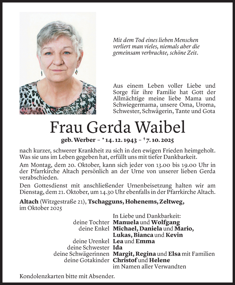  Todesanzeige für Gerda Waibel vom 16.10.2025 aus Vorarlberger Nachrichten