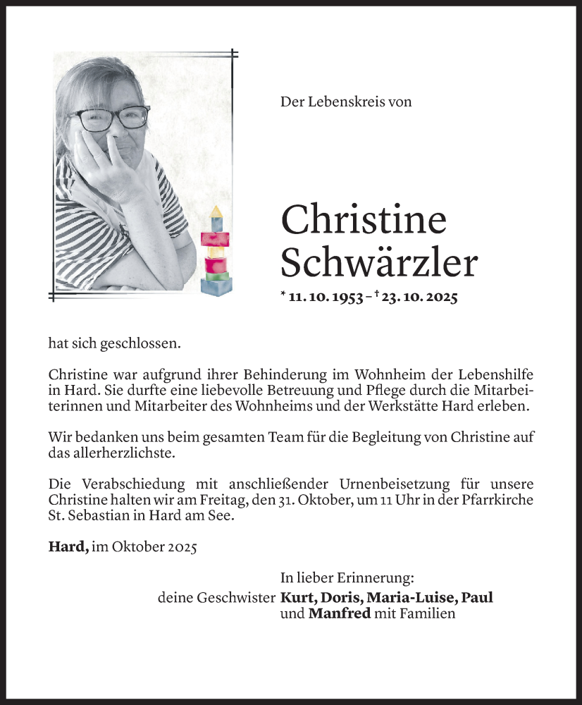  Todesanzeige für Christine Schwärzler vom 28.10.2025 aus Vorarlberger Nachrichten