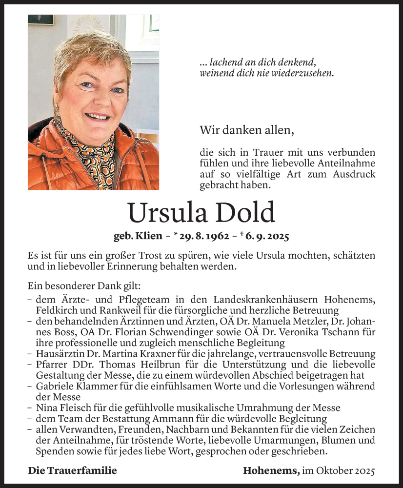  Todesanzeige für Ursula Dold vom 12.10.2025 aus Vorarlberger Nachrichten