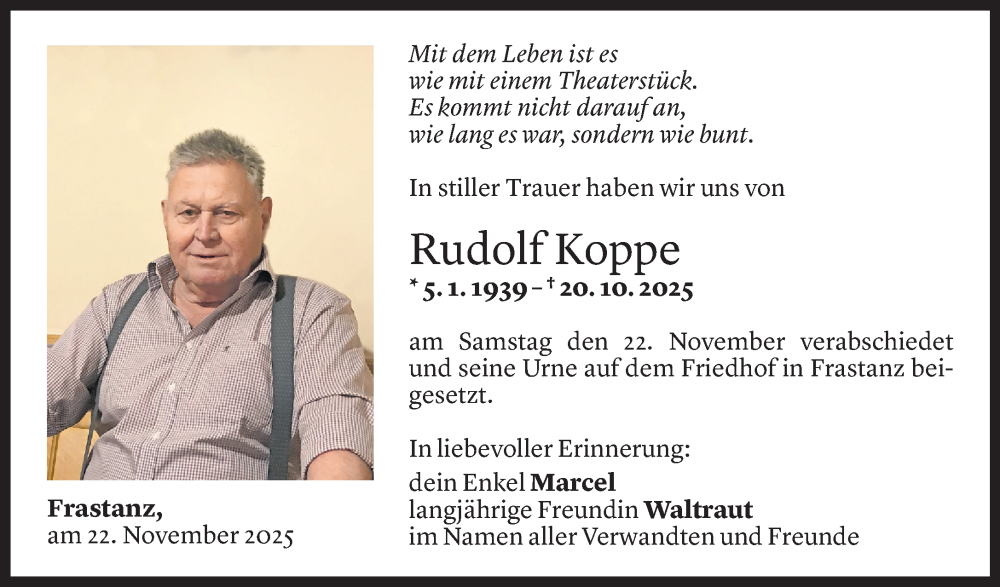  Todesanzeige für Rudolf Koppe vom 23.11.2025 aus Vorarlberger Nachrichten
