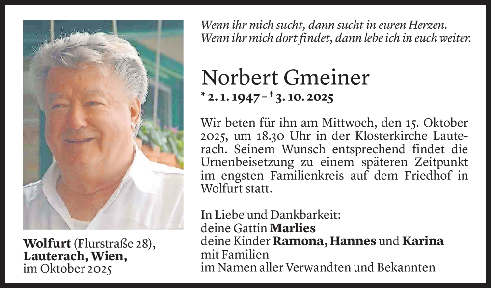  Todesanzeige für Norbert Gmeiner vom 10.10.2025 aus Vorarlberger Nachrichten