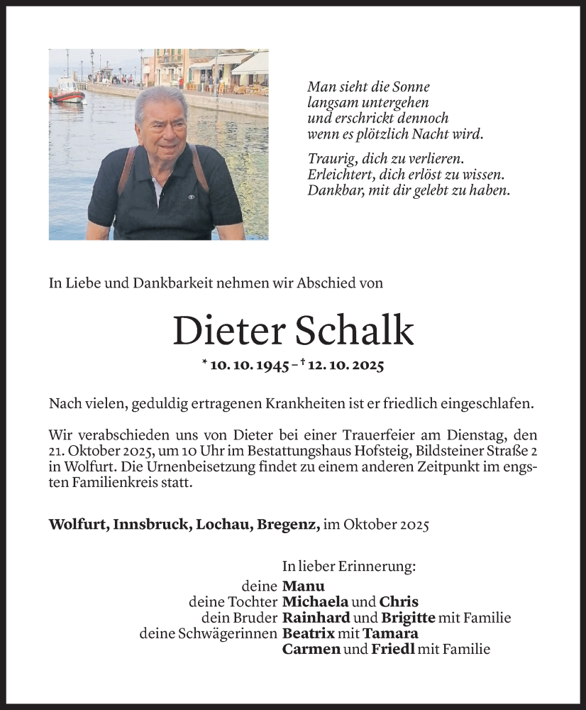  Todesanzeige für Dieter Schalk vom 17.10.2025 aus Vorarlberger Nachrichten