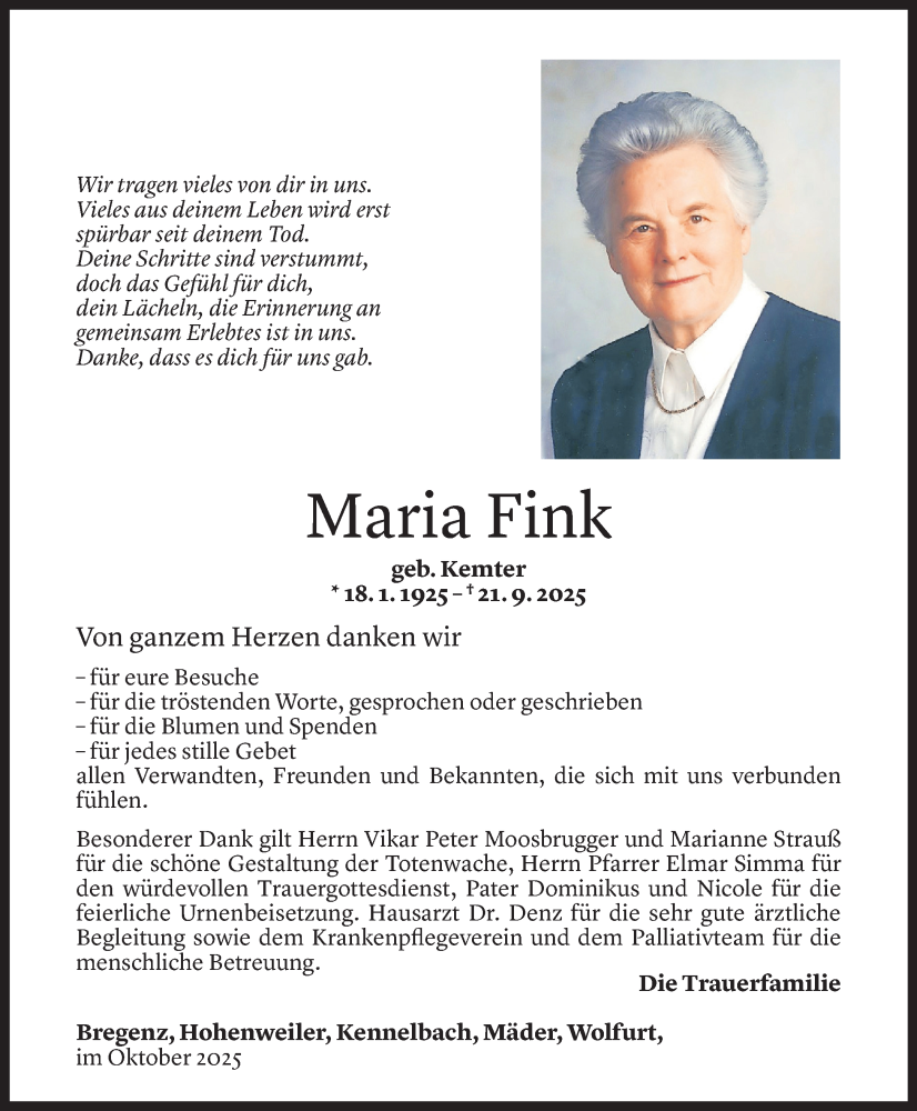  Todesanzeige für Maria Fink vom 30.10.2025 aus Vorarlberger Nachrichten