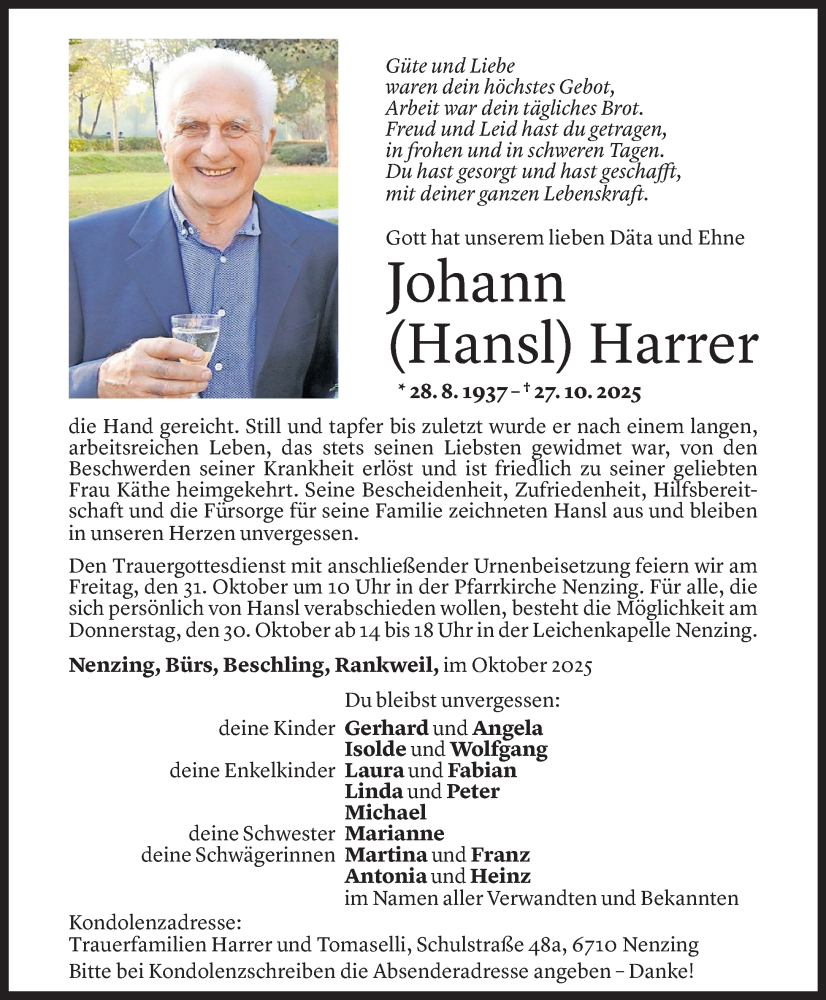  Todesanzeige für Johann Harrer vom 28.10.2025 aus Vorarlberger Nachrichten
