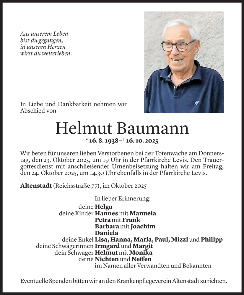  Todesanzeige für Helmut Baumann vom 17.10.2025 aus Vorarlberger Nachrichten