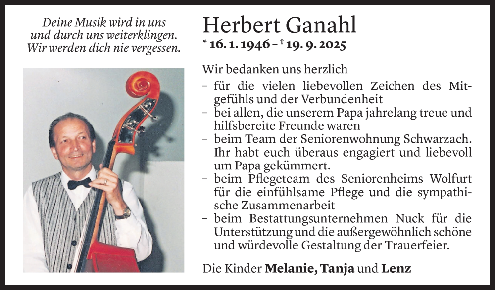 Todesanzeige für Herbert Ganahl vom 16.10.2025 aus Vorarlberger Nachrichten