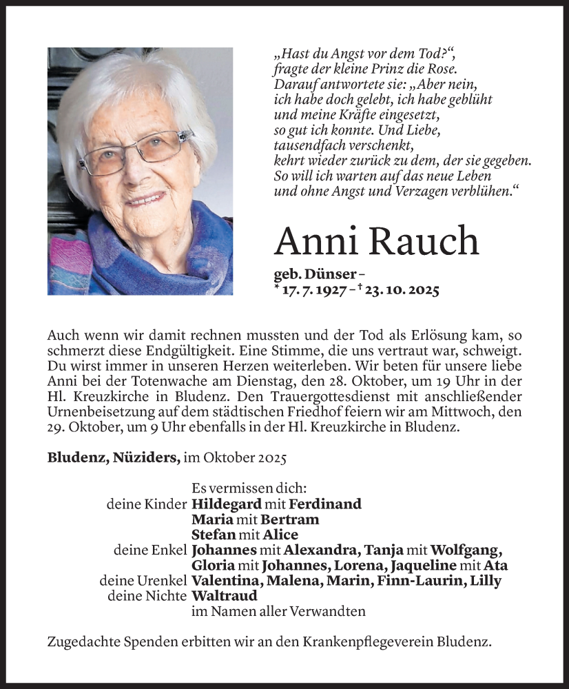  Todesanzeige für Anni Rauch vom 24.10.2025 aus Vorarlberger Nachrichten