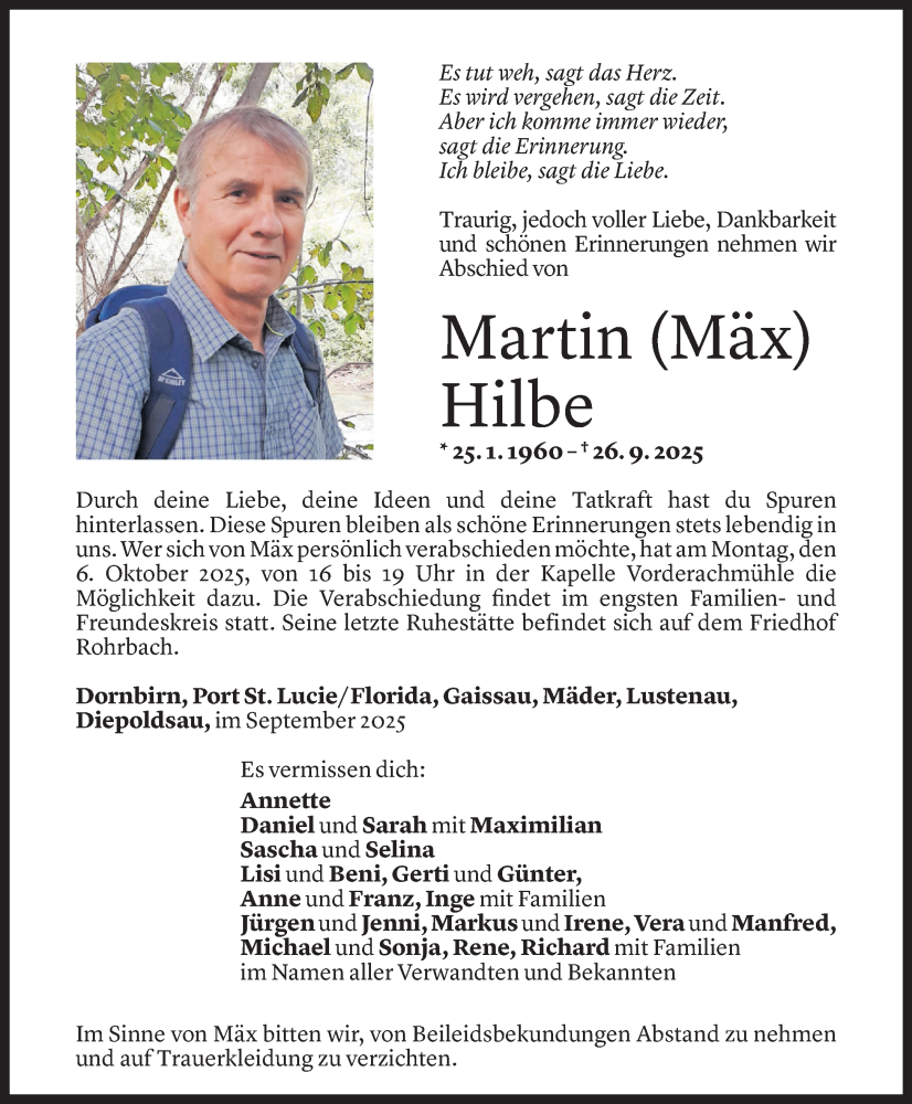  Todesanzeige für Martin Hilbe vom 02.10.2025 aus Vorarlberger Nachrichten