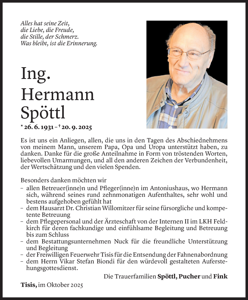  Todesanzeige für Hermann Spöttl vom 29.10.2025 aus Vorarlberger Nachrichten
