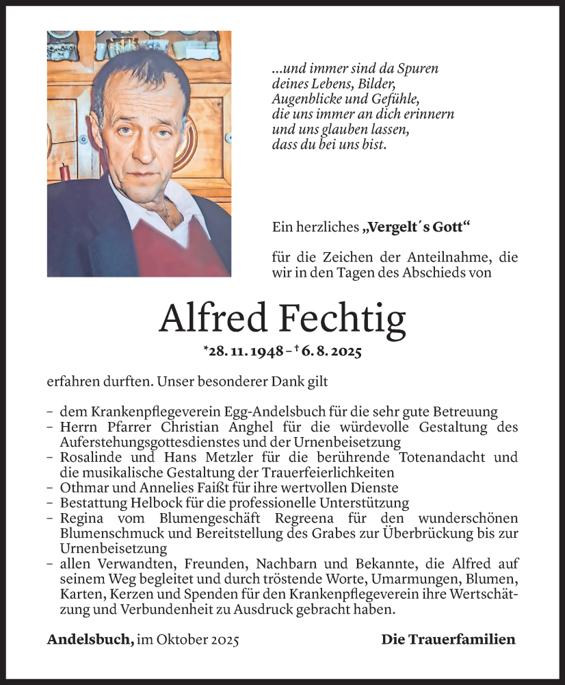  Todesanzeige für Alfred Fechtig vom 16.10.2025 aus Vorarlberger Nachrichten