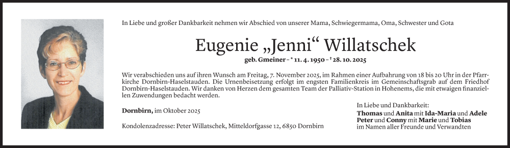  Todesanzeige für Eugenie Willatschek vom 30.10.2025 aus Vorarlberger Nachrichten